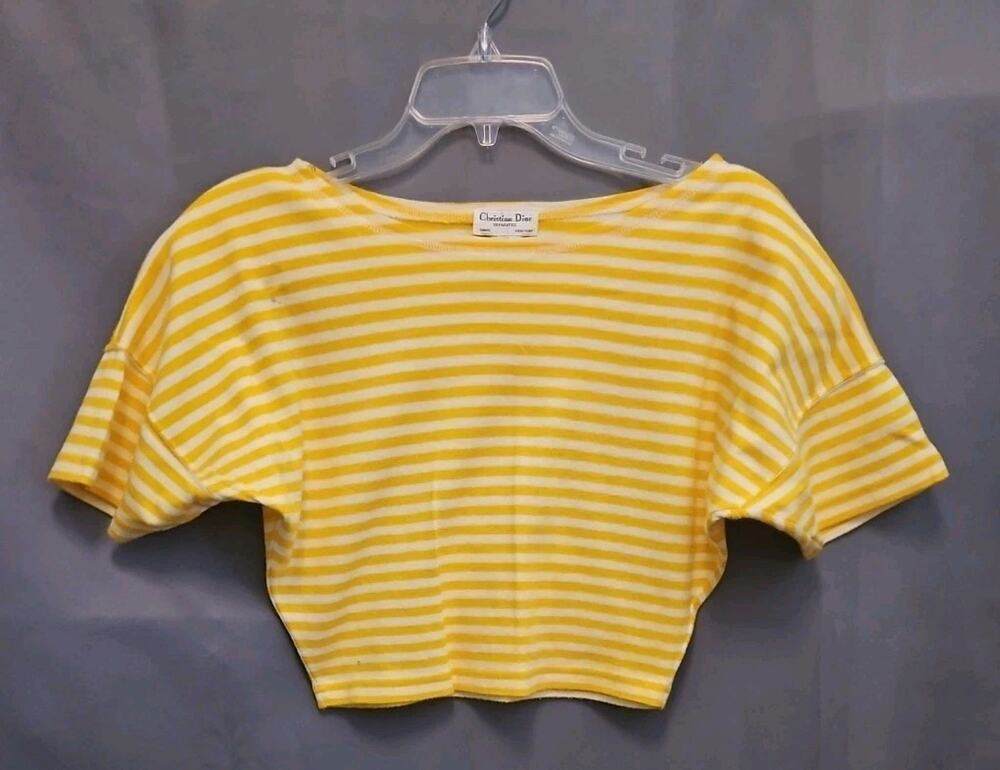VTG Christian Dior Sportswear Cropped Top Womens Sz Small Gold Striped Short Slv